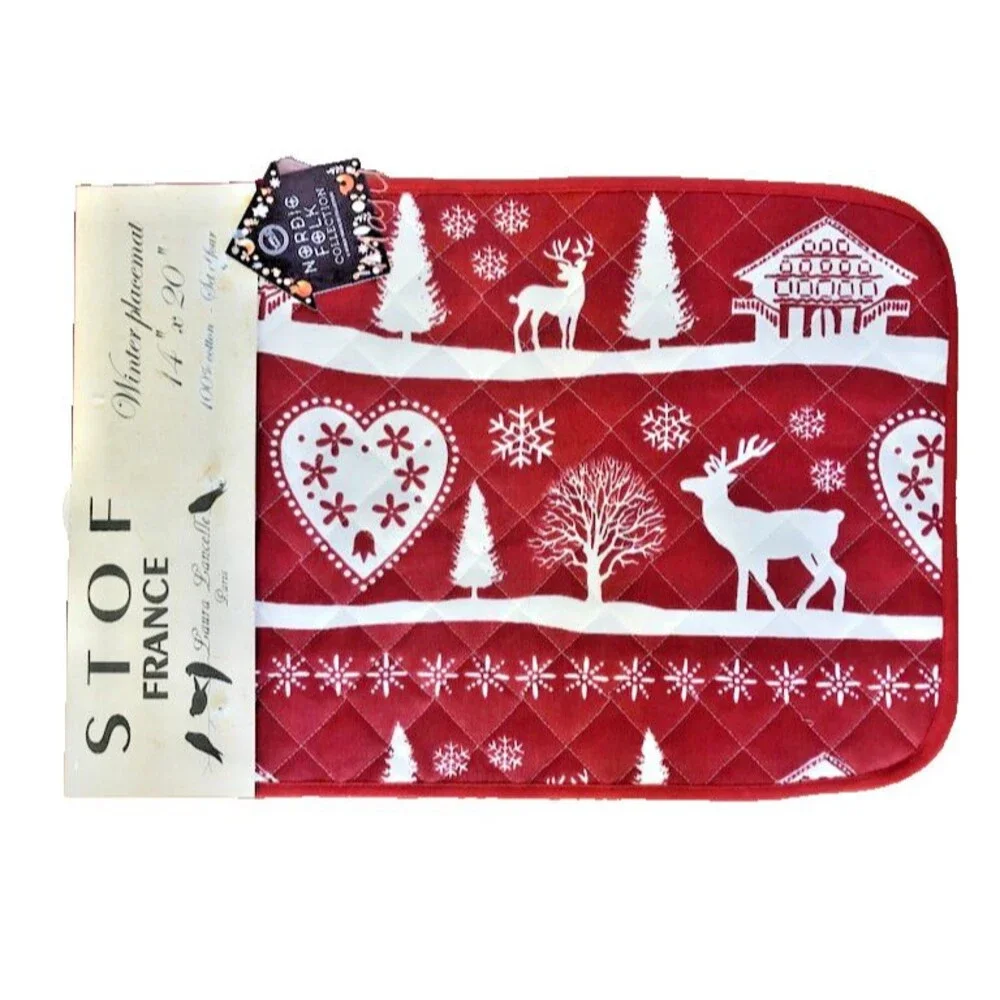 Stof France Christmas Placemats Quilted Winter Red Stag Hearts Scandi Set Of 4